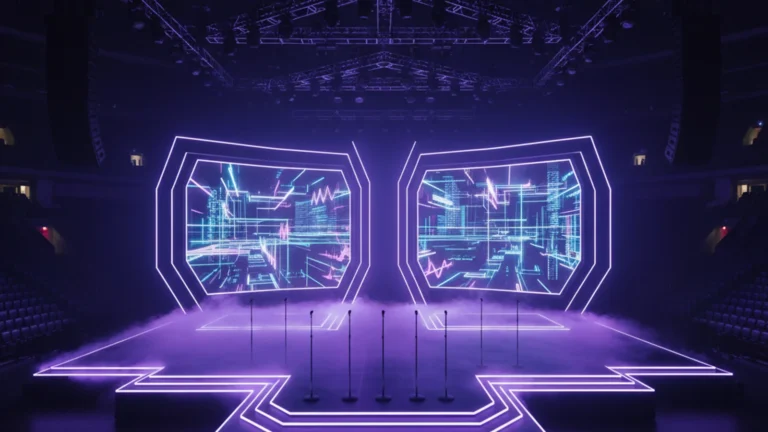 aespa world tour 2026 — an empty futuristic concert stage at a Seoul arena with purple and blue neon lights — KoreaHacks