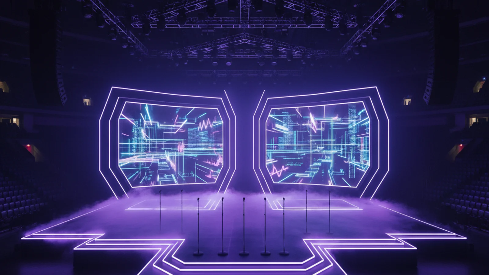aespa world tour 2026 — an empty futuristic concert stage at a Seoul arena with purple and blue neon lights — KoreaHacks