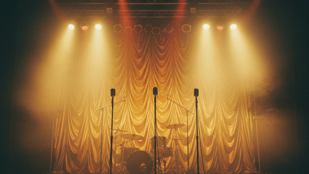 Big Bang 20th anniversary tour — a retro K-pop concert stage with warm golden spotlights — KoreaHacks