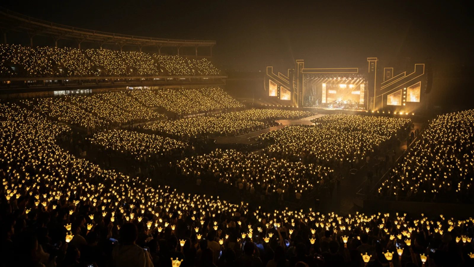 Big Bang 20th anniversary — yellow crown lightsticks glowing across a packed concert stadium — KoreaHacks