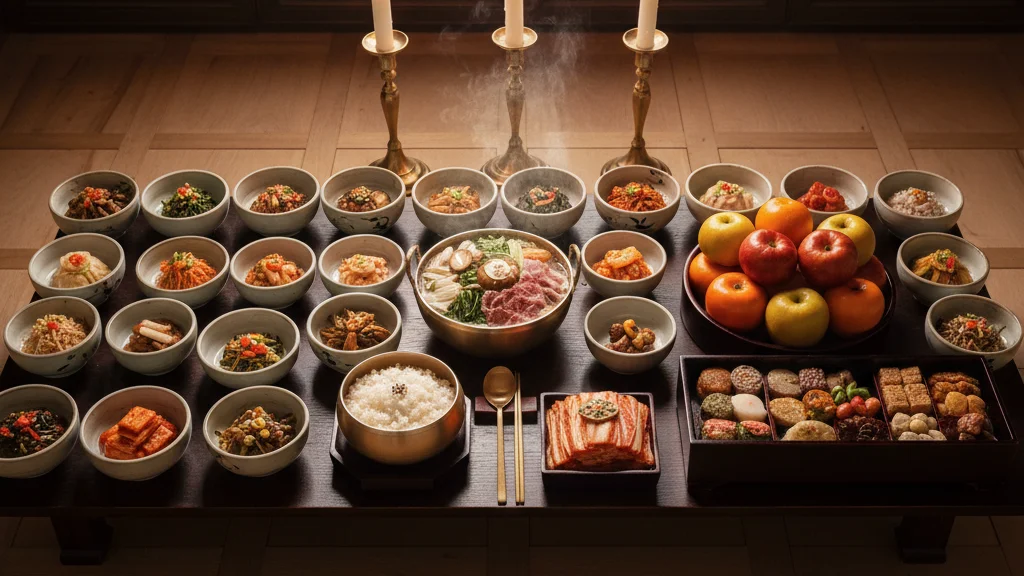 Gyeongbokgung spring program — a royal Korean surasang meal with banchan, rice, and seasonal sides on a palace wooden table — KoreaHacks