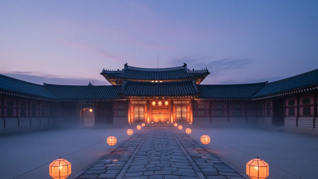 Gyeongbokgung spring program — a Seoul palace courtyard at dusk lit by traditional paper lanterns — KoreaHacks