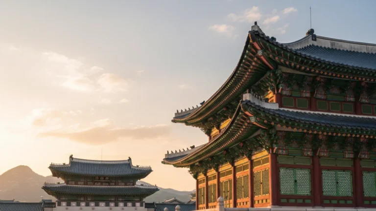 Gyeongbokgung spring program 2026 — golden afternoon light on the palace's curved tiled roof and painted beams — KoreaHacks