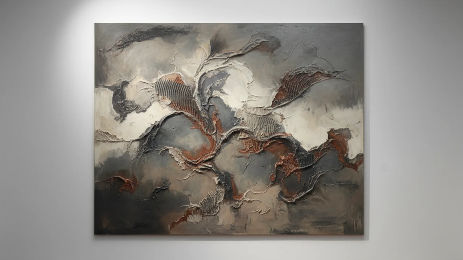Ha Chong-hyun retrospective — an abstract monochrome painting on a gallery wall with museum spotlight — KoreaHacks