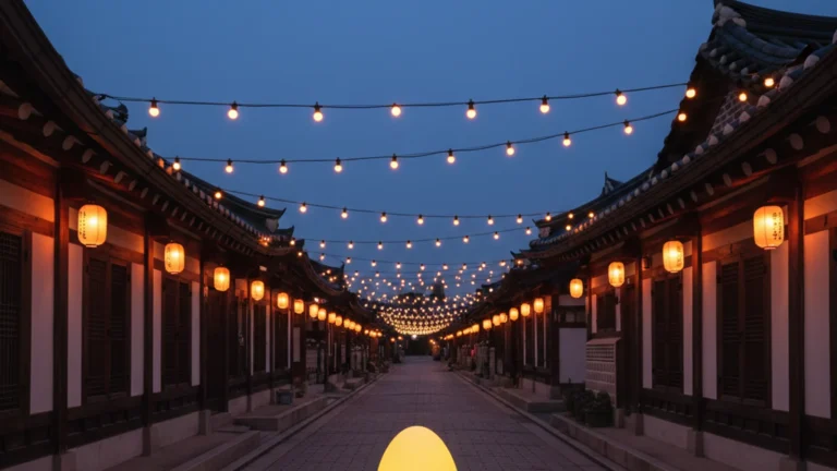 Jeonju Film Festival 2026 — a traditional hanok village street at twilight with a large illuminated yellow inflatable egg — KoreaHacks