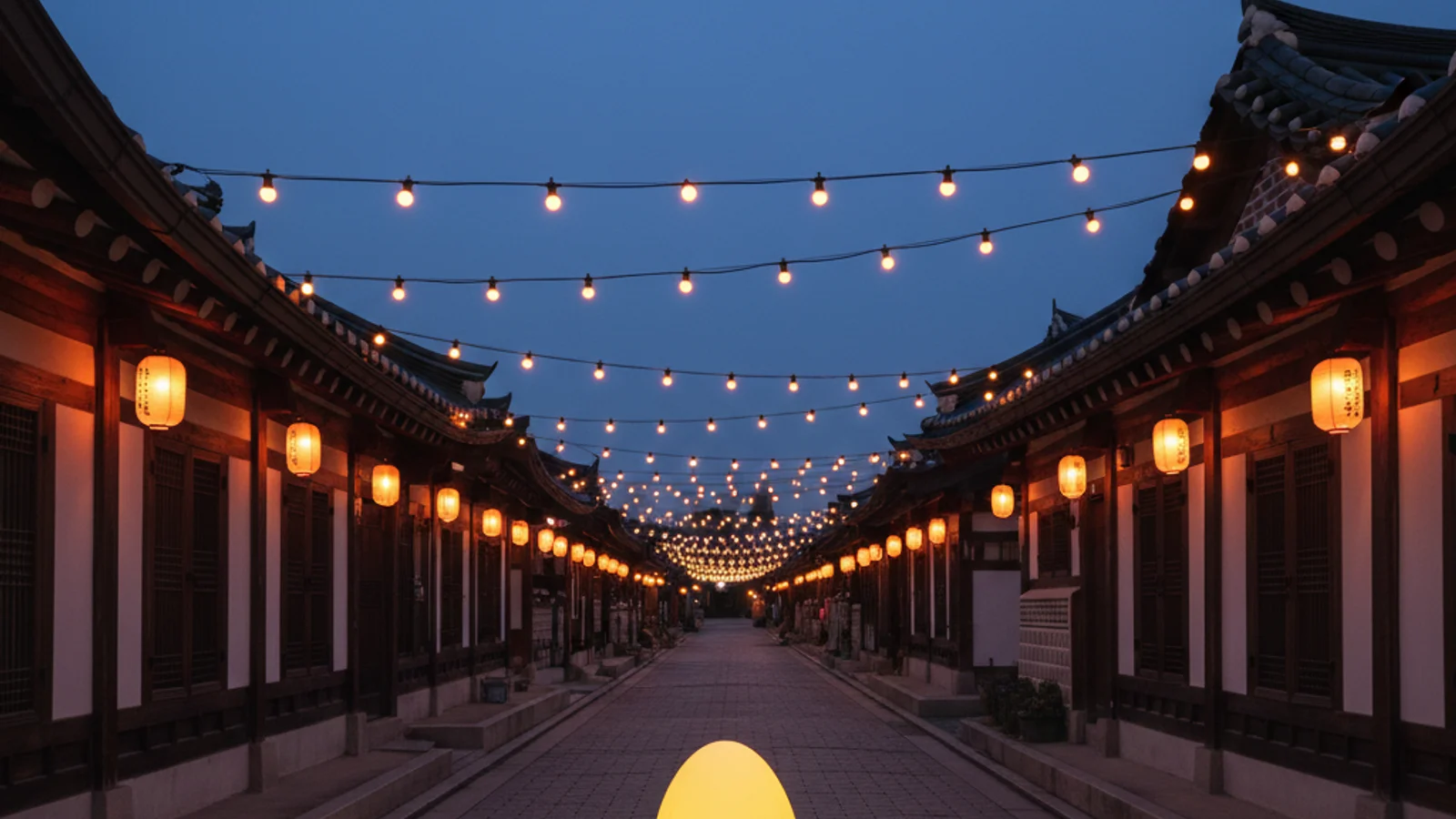 Jeonju Film Festival 2026 — a traditional hanok village street at twilight with a large illuminated yellow inflatable egg — KoreaHacks