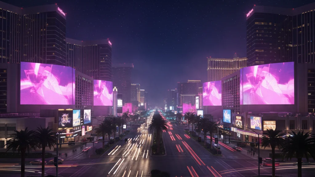 Las Vegas Strip at night — the venue for the 2026 American Music Awards where KATSEYE is performing — KoreaHacks