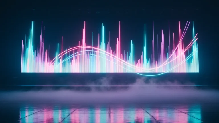 KATSEYE Hot 100 — abstract music chart visualization with neon light bars on a dark concert stage — KoreaHacks