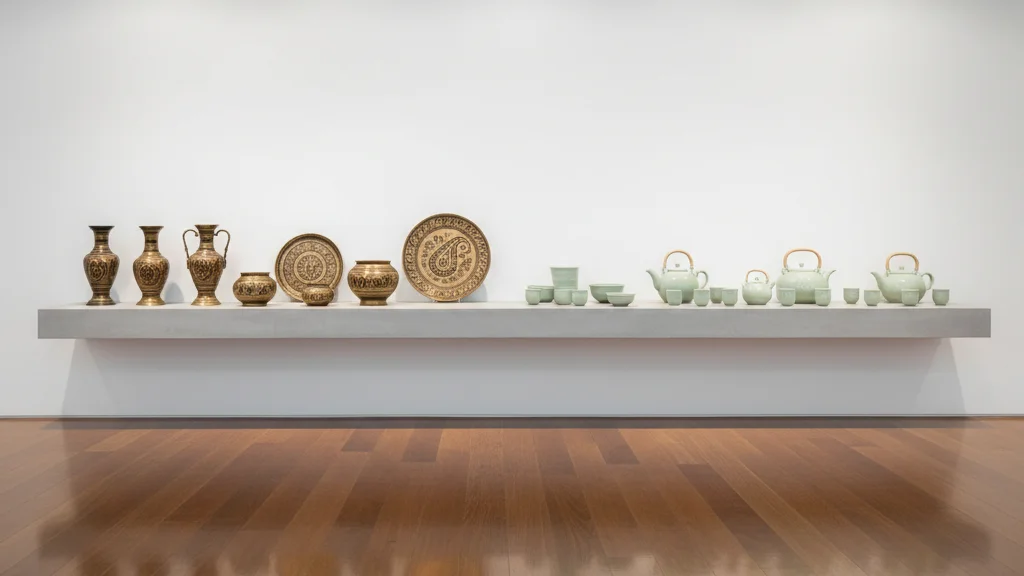Korea India cultural exchange — Indian brass pottery and Korean celadon ceramics in a modern gallery — KoreaHacks