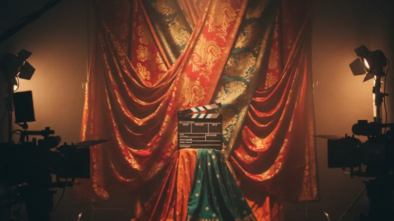 Korea India joint film — a cinematic film clapperboard with Korean and Indian fabric textiles backdrop — KoreaHacks