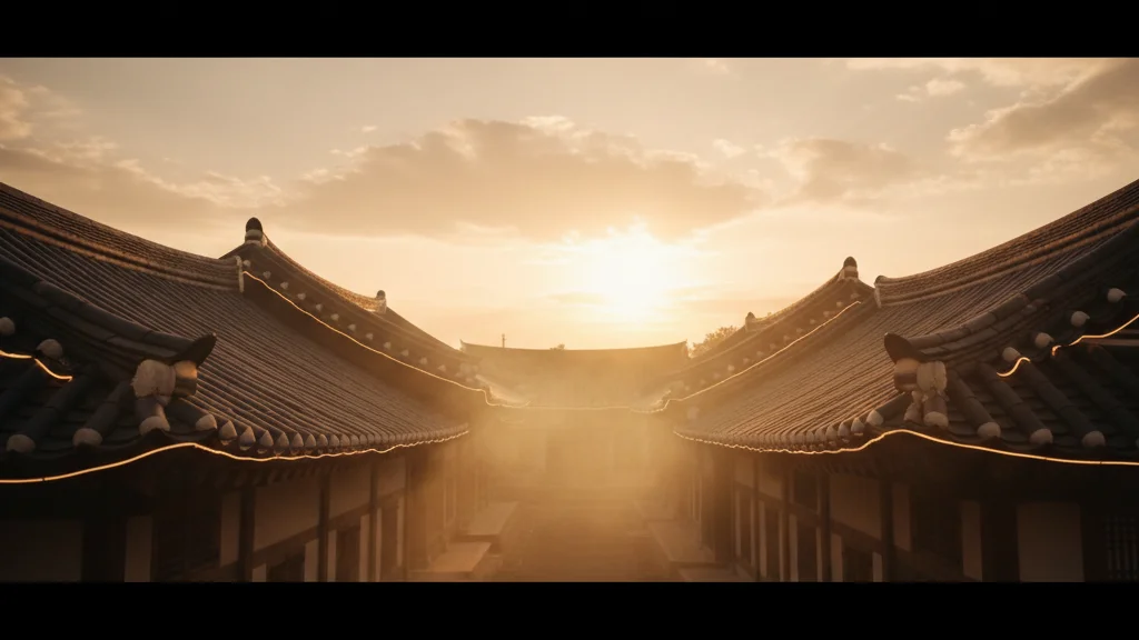 K-content filming — traditional Korean hanok rooftops lit for a cinematic production at golden hour — KoreaHacks