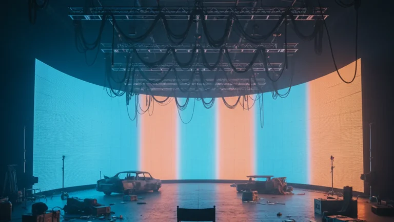 Korea screen industry — a cinematic Korean film set at night with LED volume walls and lighting rigs — KoreaHacks