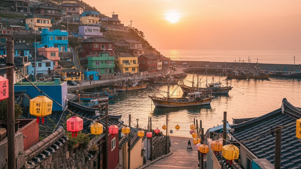 Korea tourism 2026 — a Korean coastal town at golden hour with fishing boats and hillside houses — KoreaHacks