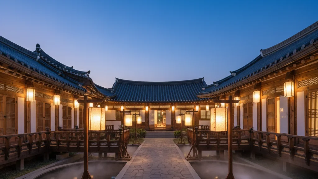 Perfect Crown filming sites — a traditional Korean hanok hotel courtyard at dusk with paper lanterns — KoreaHacks