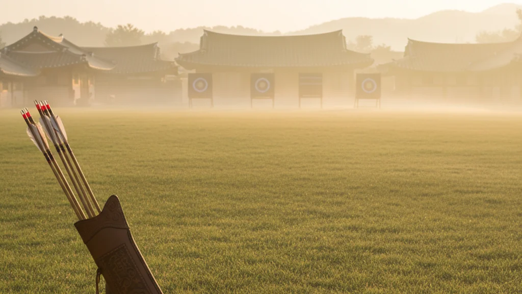 Perfect Crown filming sites — a traditional Korean archery range at golden hour with bamboo arrows — KoreaHacks