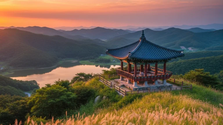 Perfect Crown filming sites — a traditional Korean hilltop pavilion at golden hour overlooking a lake — KoreaHacks