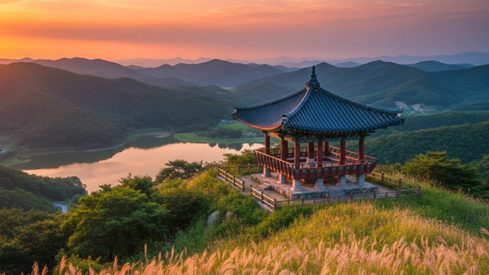 Perfect Crown filming sites — a traditional Korean hilltop pavilion at golden hour overlooking a lake — KoreaHacks