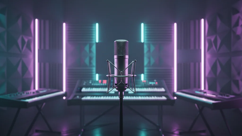 PLAVE Billboard 200 milestone — a modern empty music recording studio with purple and teal LED lighting — KoreaHacks