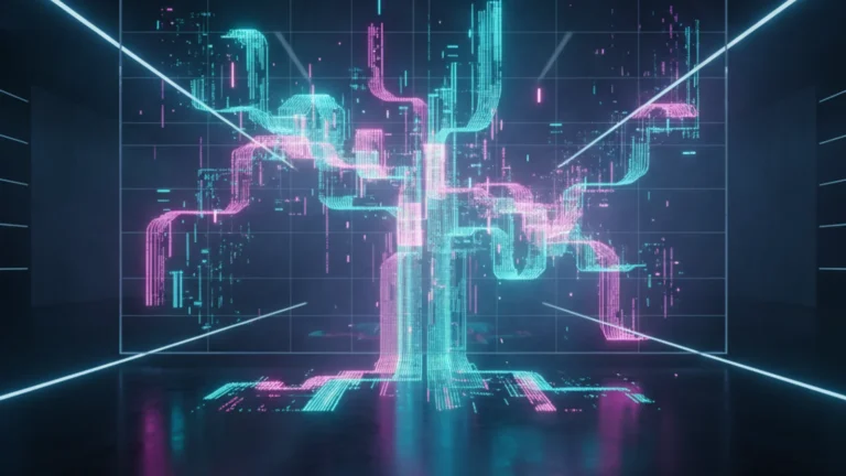 PLAVE Billboard 200 debut — abstract holographic chart visualization in cyan and magenta — KoreaHacks