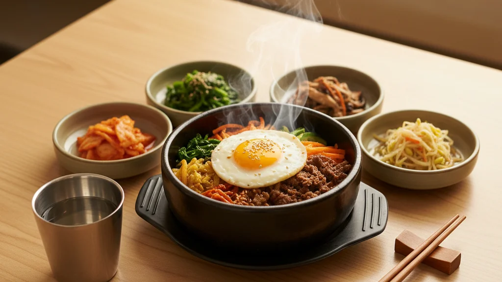 Seoul travel cost — a modest Korean restaurant table with bibimbap and ceramic banchan side dishes — KoreaHacks