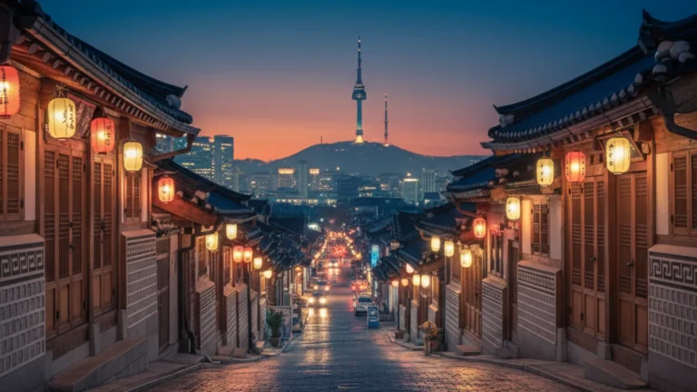 Seoul travel cost in 2026 — Namsan Tower silhouette and a quiet warm-lit Seoul alley at night — KoreaHacks