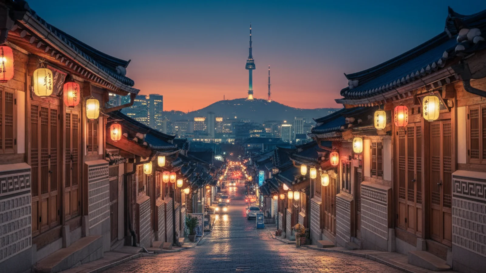 Seoul travel cost in 2026 — Namsan Tower silhouette and a quiet warm-lit Seoul alley at night — KoreaHacks