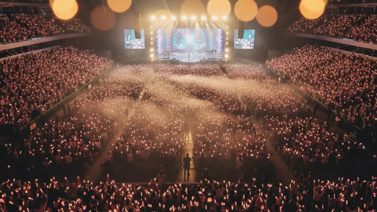 TWICE North American tour — pink and apricot lightsticks glowing across a packed arena crowd — KoreaHacks