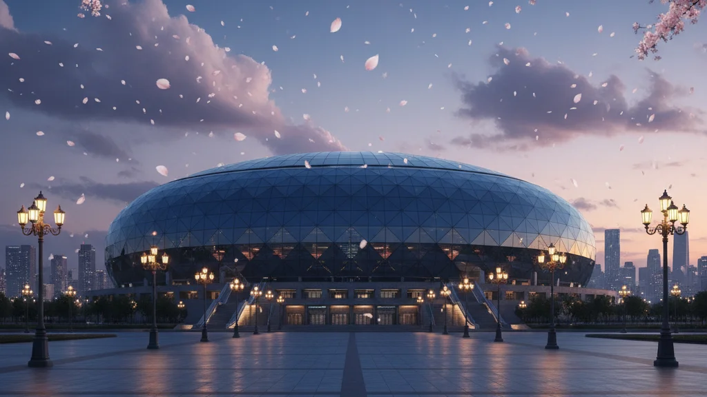TXT Oricon dominance — an iconic Tokyo-style stadium dome at night with cherry blossom petals — KoreaHacks