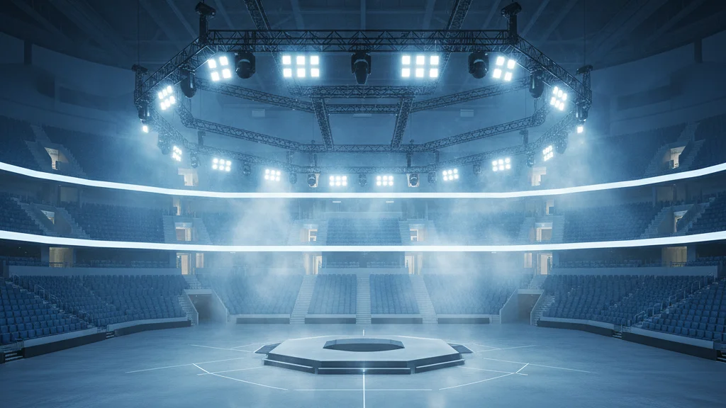 ASEA 2026 winners ceremony — large empty arena with cool blue lighting and central stage rigging — KoreaHacks