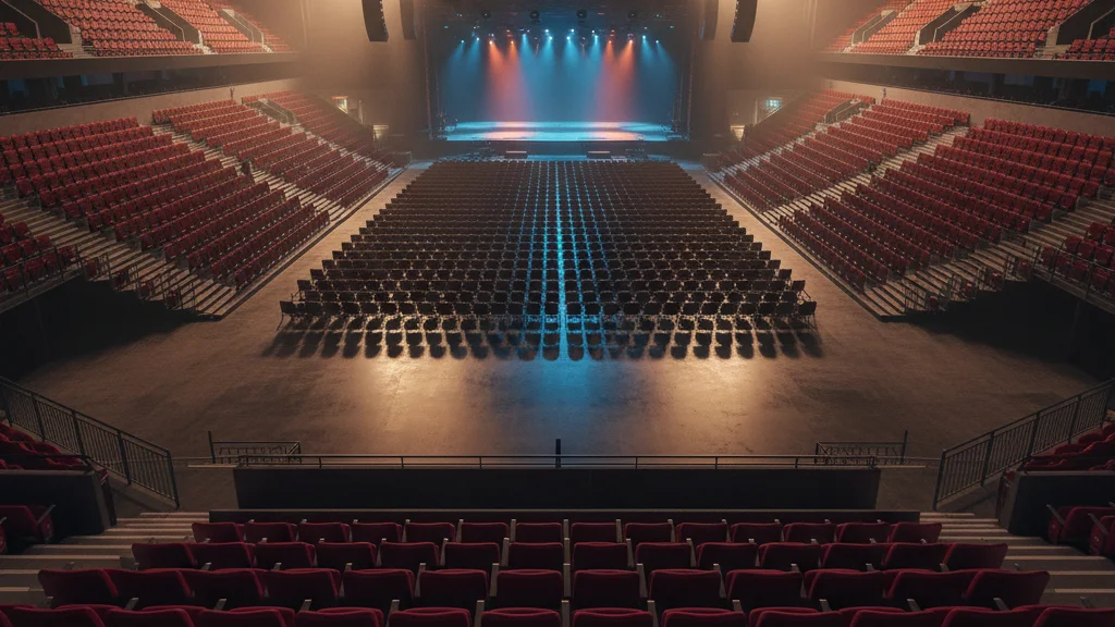 BABYMONSTER CHOOM milestone — empty modern concert arena with rows of red seats and a distant illuminated stage — KoreaHacks