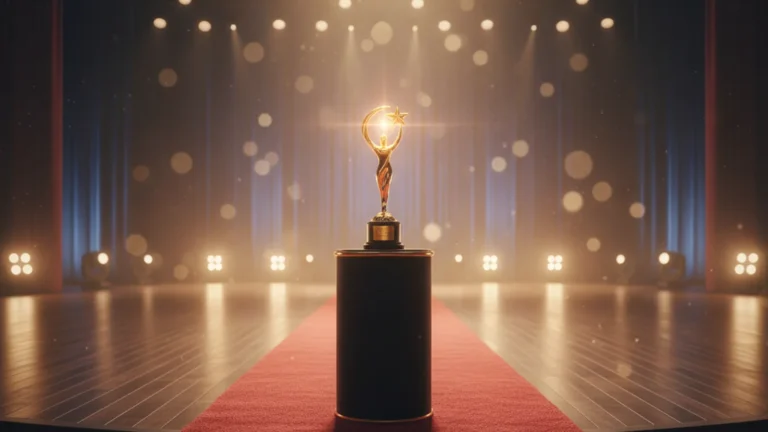 Baeksang Arts Awards 2026 — empty award stage with golden trophy on a black velvet pedestal — KoreaHacks