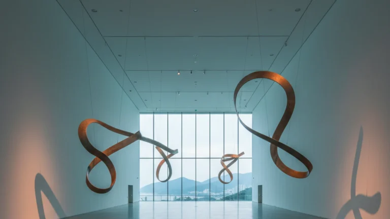 Busan Biennale Dissident Chorus &mdash; contemporary museum interior with suspended metal sculpture &mdash; KoreaHacks