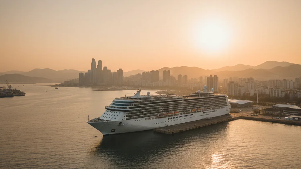 Busan tourism 2026 — modern white cruise ship docked at a Korean port at golden hour — KoreaHacks