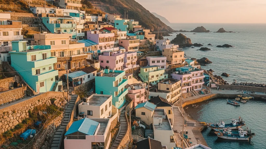 Busan tourism 2026 — colorful pastel-painted Korean coastal village with stepped houses cascading toward the sea — KoreaHacks