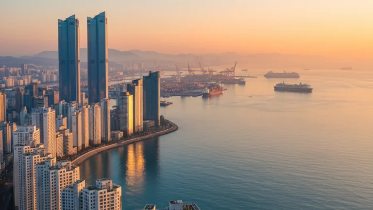 Busan tourism 2026 — dramatic Busan harbor cityscape at golden sunrise with high-rise apartments and cruise port — KoreaHacks
