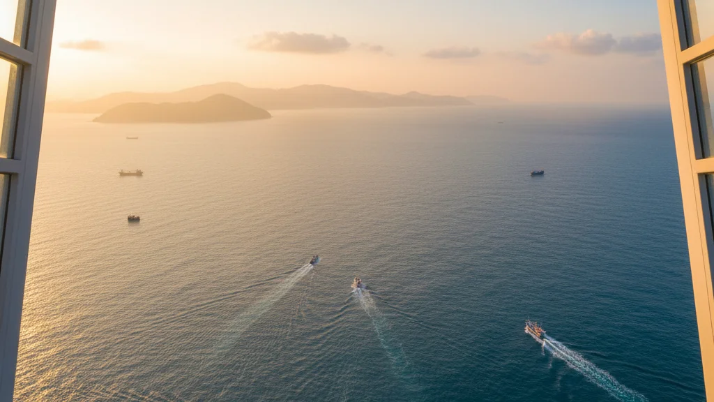 Cheongna Sky Bridge Edge Walk — breathtaking aerial view down to a vast blue sea with distant coastline — KoreaHacks