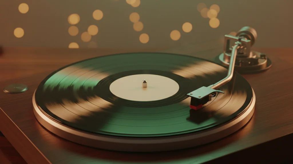 CORTIS GREENGREEN milestone — vinyl record on a turntable with green and gold reflections — KoreaHacks