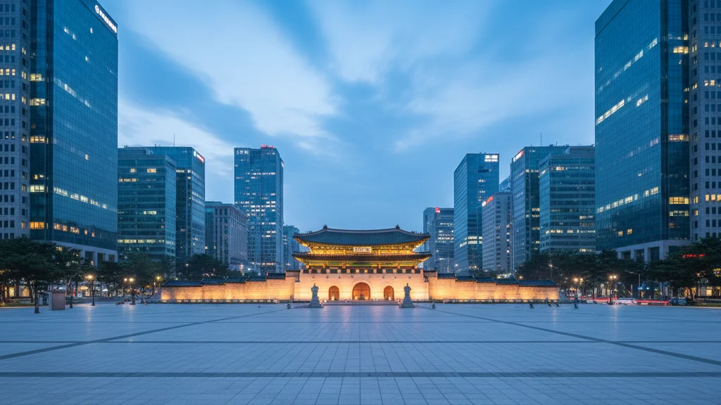 Garden of Gratitude location — Gwanghwamun Square at twilight with the historic gate illuminated in warm golden light — KoreaHacks