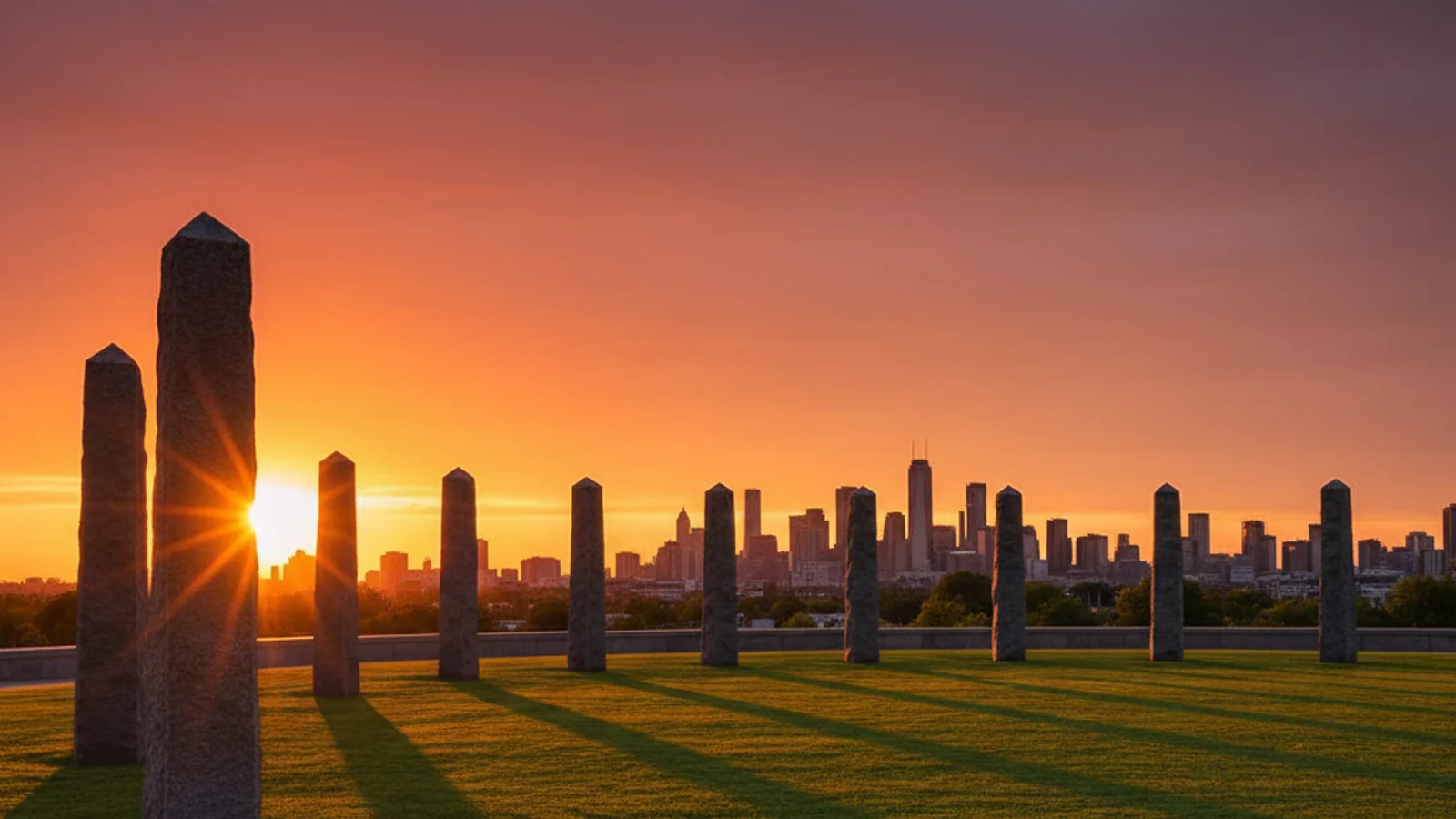 Garden of Gratitude — solemn outdoor memorial garden with tall stone sculptures in a semi-circle at golden hour — KoreaHacks