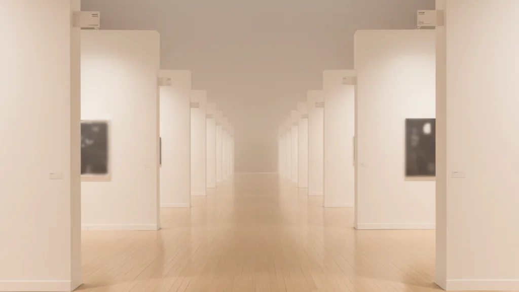 HIVE Seoul Art Fair model — clean modern exhibition floor with equal-sized white booth dividers in neat rows — KoreaHacks