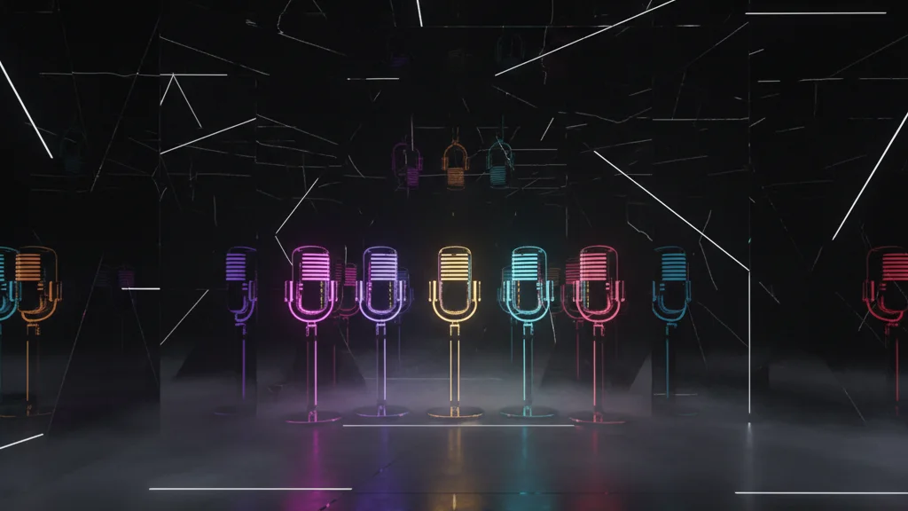 Abstract neon-lit studio with five colored microphone silhouettes representing a K-pop quintet &mdash; KoreaHacks