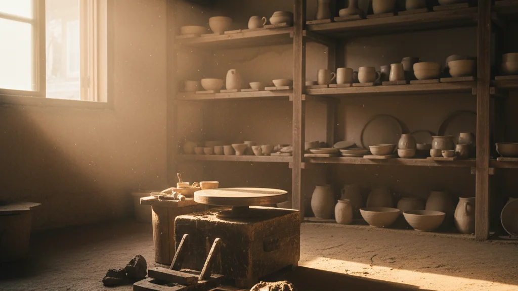 Icheon Ceramic Festival 2026 — empty Korean pottery studio with potter's wheel and drying vessels at golden hour — KoreaHacks