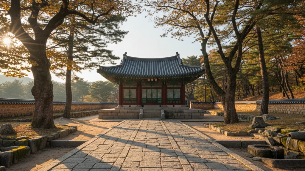 Stone ceremonial pathway leading to a Korean shrine pavilion at a Joseon Royal Tomb &mdash; KoreaHacks