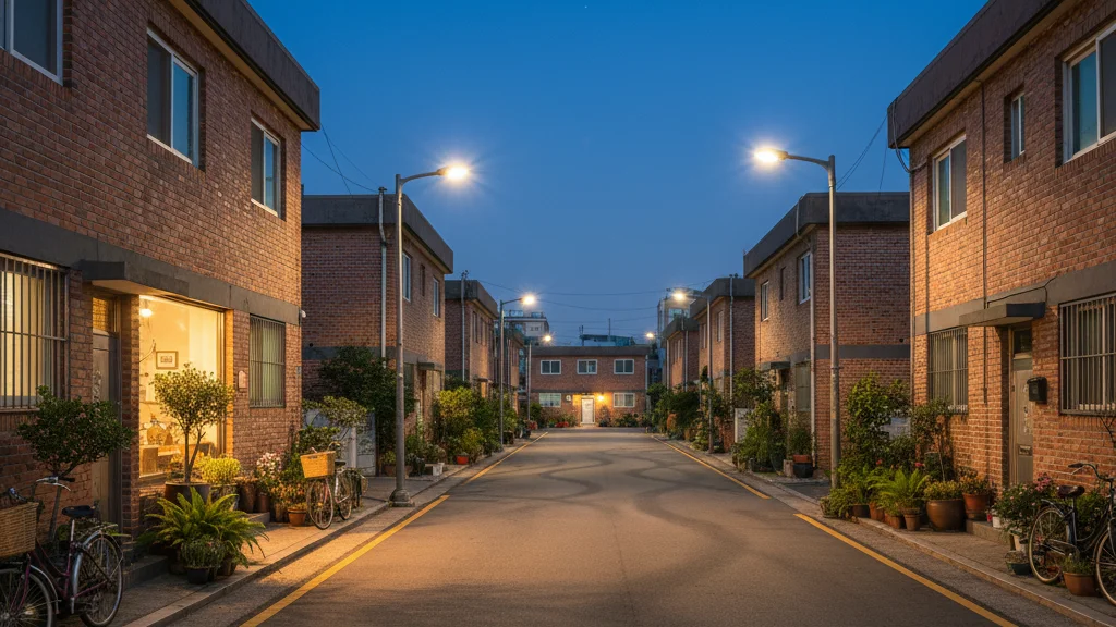 K-culture tourism Korea — a quiet residential Korean neighborhood street at dusk with a small cafe and warm lights — KoreaHacks