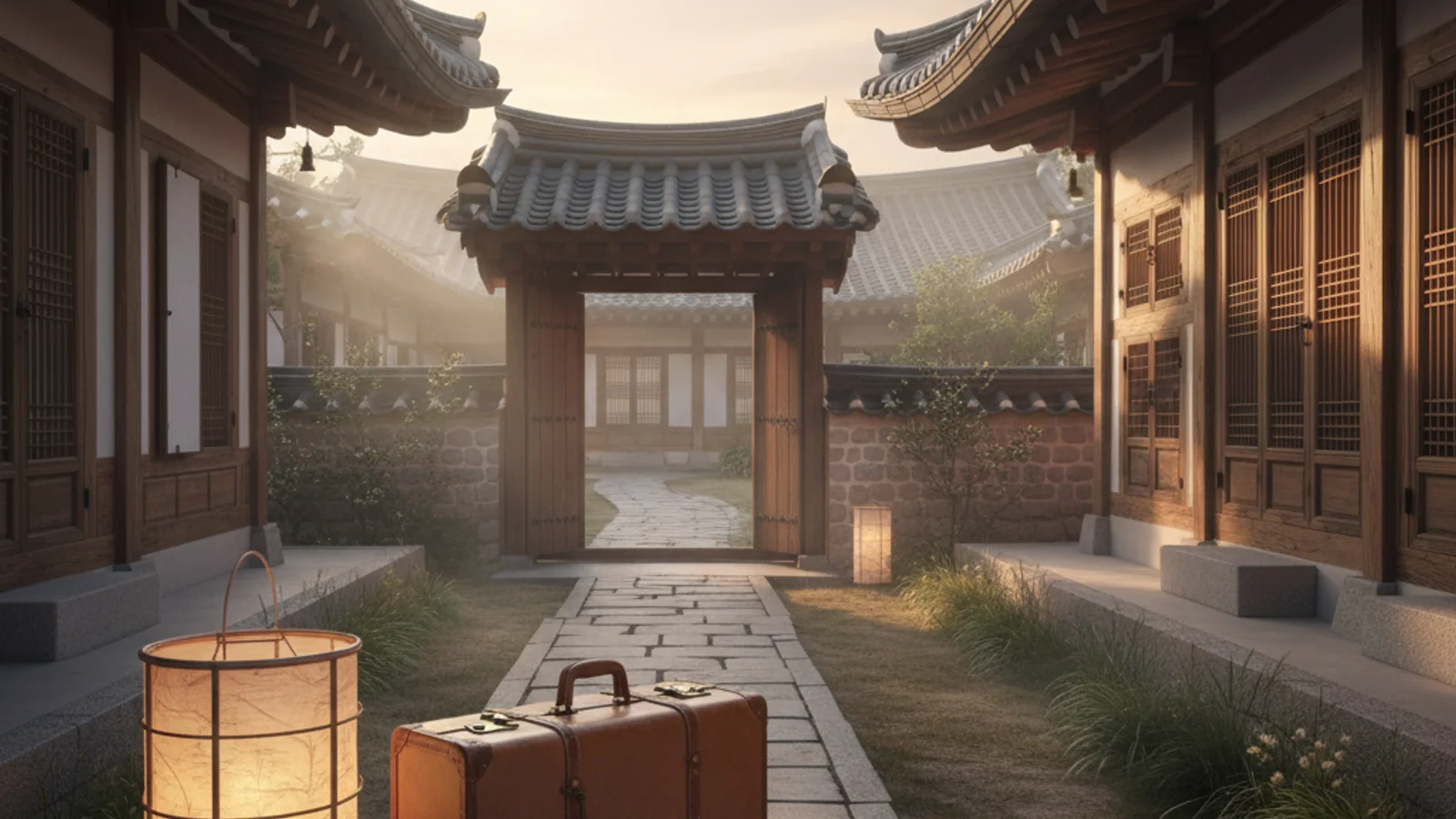 K-culture tourism Korea — a leather travel suitcase beside a hanji paper lantern in a hanok courtyard at golden hour — KoreaHacks