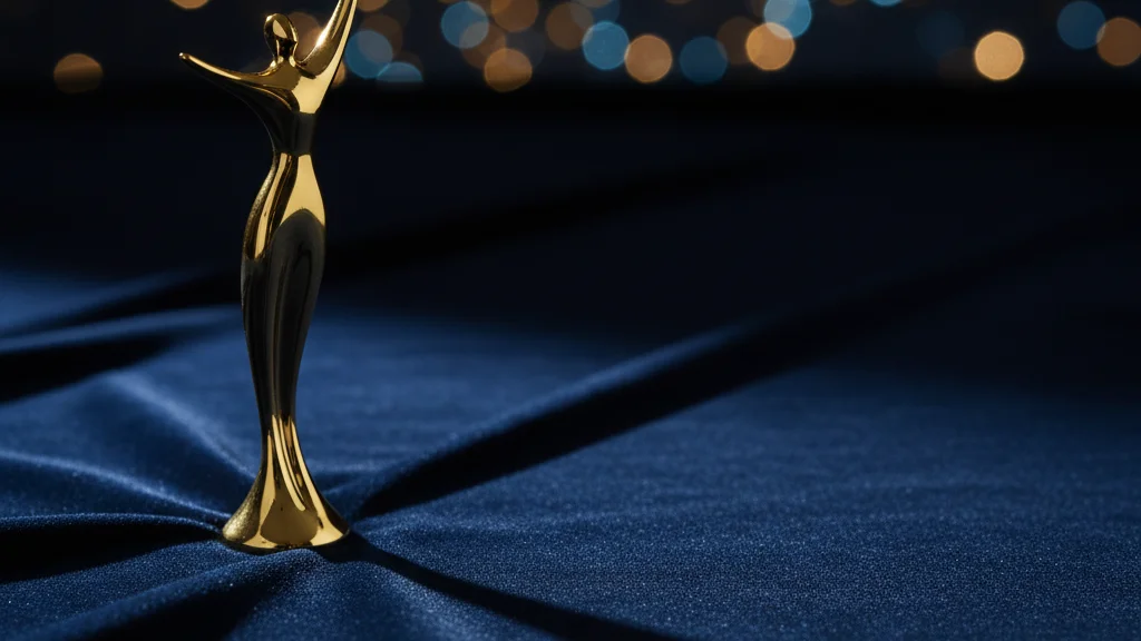 Generic gold award statuette silhouette on navy velvet representing K-pop AMA wins &mdash; KoreaHacks