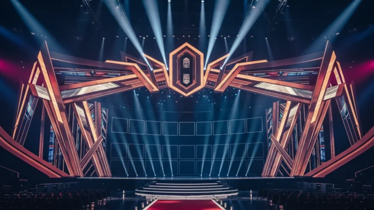 K-pop AMAs 2026 — grand Las Vegas award ceremony stage with spotlights and LED screens — KoreaHacks