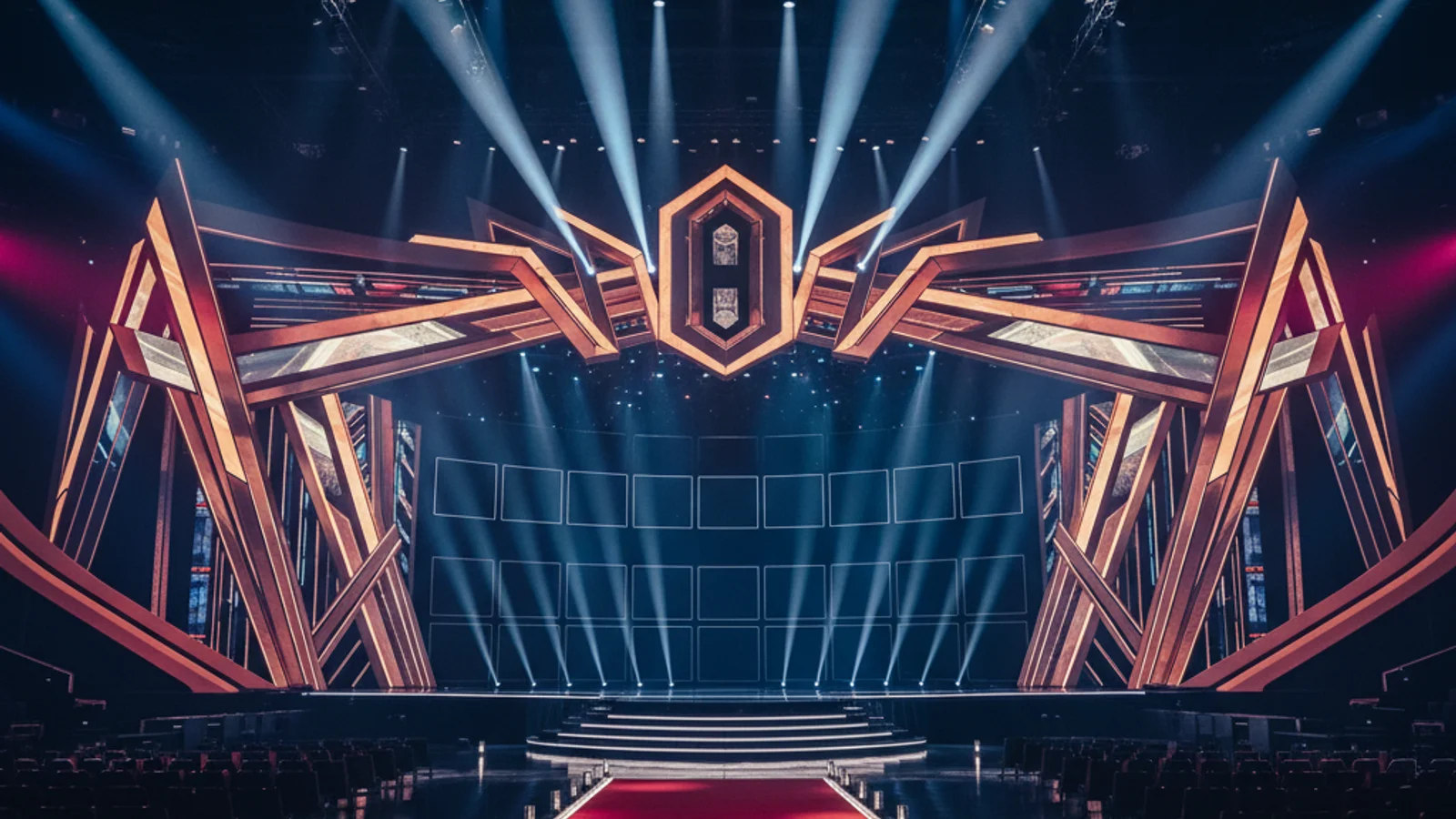 K-pop AMAs 2026 — grand Las Vegas award ceremony stage with spotlights and LED screens — KoreaHacks