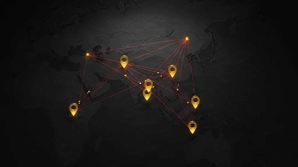Dark map with glowing markers across seven Asian cities representing Kidnap Game's storyline &mdash; KoreaHacks