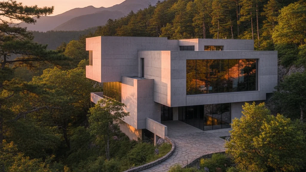 Korea Japan art exhibition venue — modernist concrete museum building against a forested mountainside at golden hour — KoreaHacks